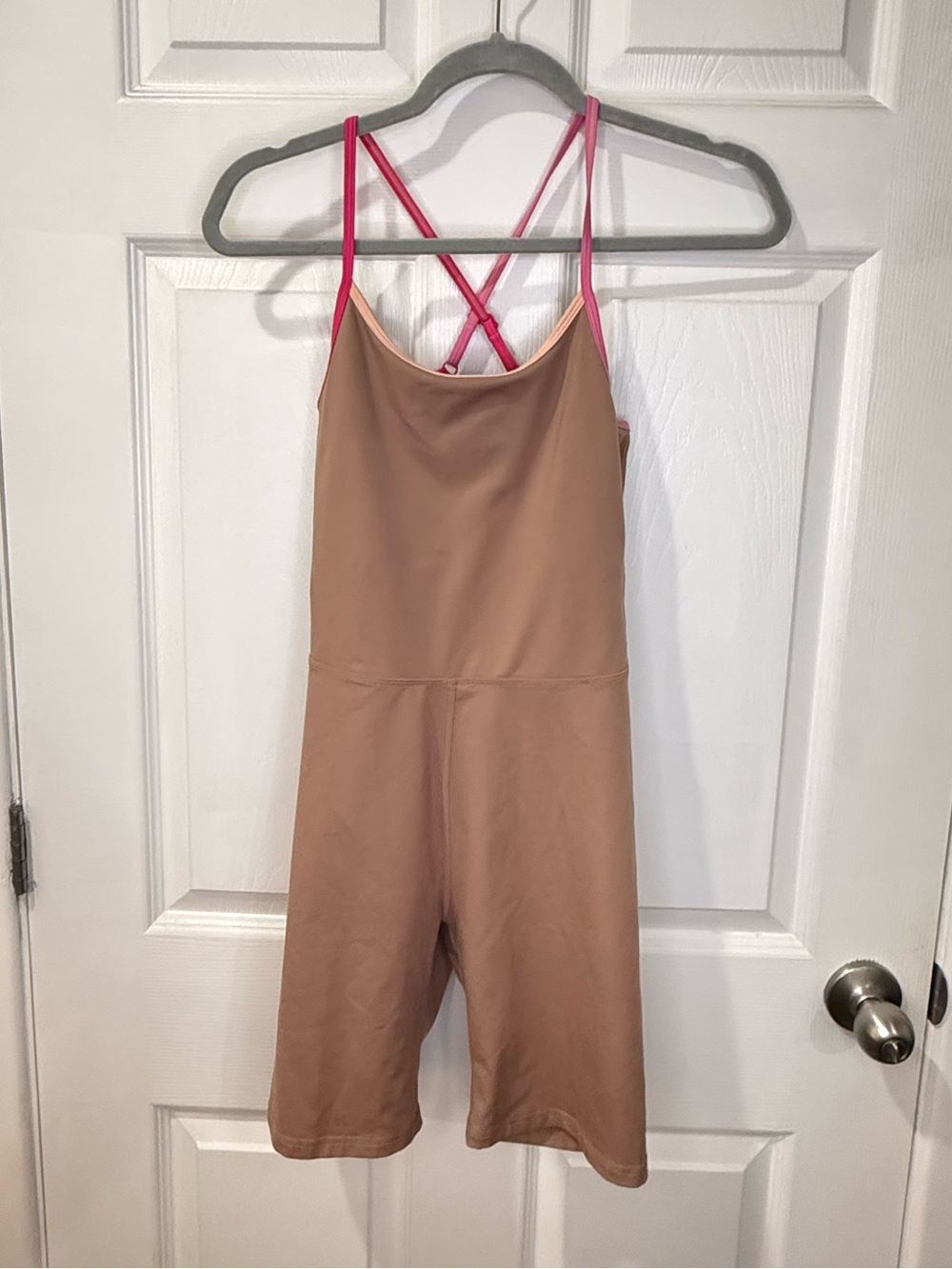 Terez Nude Bodysuit Romper with Pink Cross-Back Straps size small